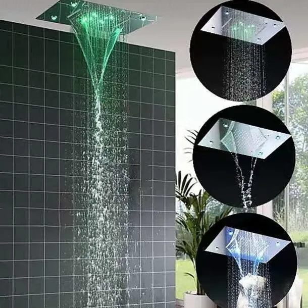 500*360 Chrome/3- Color LED Bathroom Faucets Rain Mixer Complete with Stainless Steel Rainfall Shower Head Ceiling Mounted Color Change By Water Temperature, Hydor Power, No Battery Needed