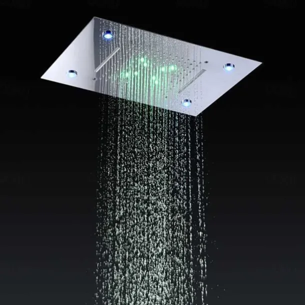 500*360 Chrome/3- Color LED Bathroom Faucets Rain Mixer Complete with Stainless Steel Rainfall Shower Head Ceiling Mounted Color Change By Water Temperature, Hydor Power, No Battery Needed