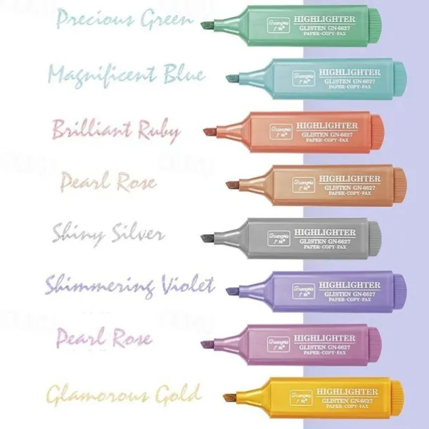 8 Colors Metallic Highlighter Set Oblique Tip Water-Based Shiny Glitter Color Marker Highlight Pen School Office Supplies