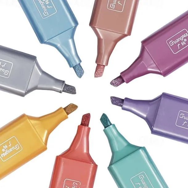 8 Colors Metallic Highlighter Set Oblique Tip Water-Based Shiny Glitter Color Marker Highlight Pen School Office Supplies