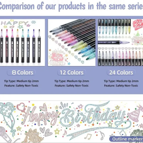 8/12/24 Colors Outline Markers Self Double Line Self-Outline Metallic Pens For Scrapbook Photo Album Gift Card Making Easter Eggs Art Crafts