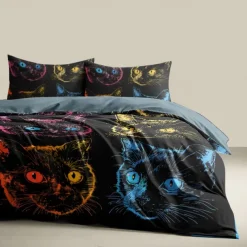 100% Cotton Colorful Cat Duvet Cover 3-Piece Set Plush Cloth for Summer Soft Skin Friendly Long Lasting Comfy Lightweight