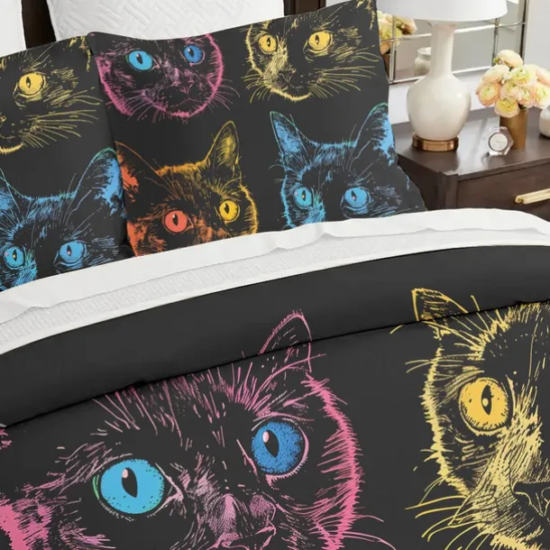 100% Cotton Colorful Cat Duvet Cover 3-Piece Set Plush Cloth for Summer Soft Skin Friendly Long Lasting Comfy Lightweight