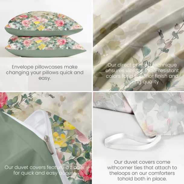 100% Cotton Floral Series Duvet Cover 3-Piece Set Short Fluff for Summer Soft Skin Friendly Comfy Lightweight Queen King Size