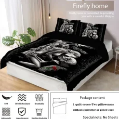 100% Cotton Floral Skull Knight 3 Piece Quilt Cover Set Human Skeleton Couple Printed Bedding Set 3 Piece Suitable for Couples and Adults Gothic Quilt Cover Set Super Soft Breathable Short Fluff Bedding Set Light