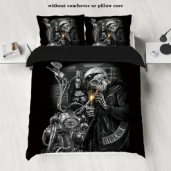 100% Cotton Floral Skull Knight 3 Piece Quilt Cover Set Human Skeleton Couple Printed Bedding Set 3 Piece Suitable for Couples and Adults Gothic Quilt Cover Set Super Soft Breathable Short Fluff Bedding Set Light