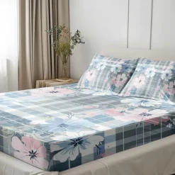 100% Cotton Floral Stripe Spring Pattern Fitted Sheet Set Ultra Soft Breathable Silky Bed Sheets Deep Pocket Bedding Sheets 3 Piece Queen King Size