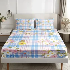 100% Cotton Floral Stripe Spring Pattern Fitted Sheet Set Ultra Soft Breathable Silky Bed Sheets Deep Pocket Bedding Sheets 3 Piece Queen King Size