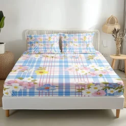 100% Cotton Floral Stripe Spring Pattern Fitted Sheet Set Ultra Soft Breathable Silky Bed Sheets Deep Pocket Bedding Sheets 3 Piece Queen King Size