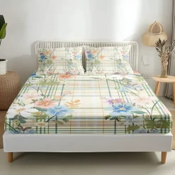 100% Cotton Floral Stripe Spring Pattern Fitted Sheet Set Ultra Soft Breathable Silky Bed Sheets Deep Pocket Bedding Sheets 3 Piece Queen King Size