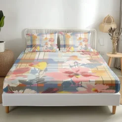 100% Cotton Floral Stripe Spring Pattern Fitted Sheet Set Ultra Soft Breathable Silky Bed Sheets Deep Pocket Bedding Sheets 3 Piece Queen King Size