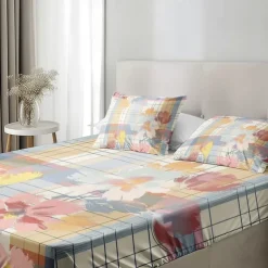 100% Cotton Floral Stripe Spring Pattern Fitted Sheet Set Ultra Soft Breathable Silky Bed Sheets Deep Pocket Bedding Sheets 3 Piece Queen King Size