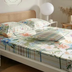 100% Cotton Floral Stripe Spring Pattern Fitted Sheet Set Ultra Soft Breathable Silky Bed Sheets Deep Pocket Bedding Sheets 3 Piece Queen King Size