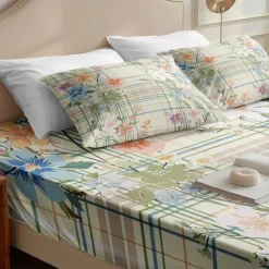 100% Cotton Floral Stripe Spring Pattern Fitted Sheet Set Ultra Soft Breathable Silky Bed Sheets Deep Pocket Bedding Sheets 3 Piece Queen King Size