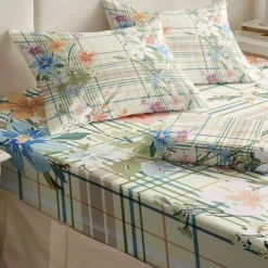 100% Cotton Floral Stripe Spring Pattern Fitted Sheet Set Ultra Soft Breathable Silky Bed Sheets Deep Pocket Bedding Sheets 3 Piece Queen King Size