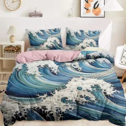 100% Cotton Japanese-Style Waves Pattern Duvet Cover Set Soft 3-Piece Luxury Bedding Set Home Decor Gift King Queen Full
