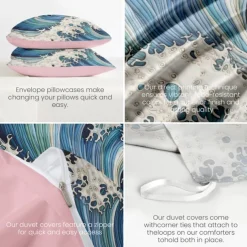 100% Cotton Japanese-Style Waves Pattern Duvet Cover Set Soft 3-Piece Luxury Bedding Set Home Decor Gift King Queen Full