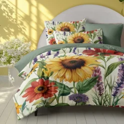 100% Cotton Sunflower Plant Serie Plush Duvet Cover 3-Piece Set Short Fluff for Summer Soft Skin Friendly Comfy Lightweight