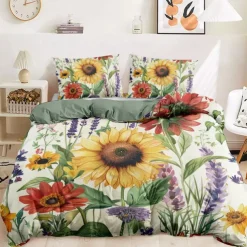 100% Cotton Sunflower Plant Serie Plush Duvet Cover 3-Piece Set Short Fluff for Summer Soft Skin Friendly Comfy Lightweight