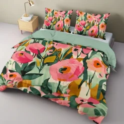 100% Cotton Tropical Plant Flower 3-Piece Duvet Set for Hotel Bedroom Guest Room Hotel Bedding Comfy Set 1 Duvet Cover 2 Pillowcase