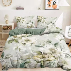 100% Cotton White Flower Plush Cloth Duvet Cover 3-Piece Set for Summer Soft Skin Friendly Long Lasting Comfy Lightweight