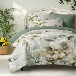 100% Cotton White Flower Plush Cloth Duvet Cover 3-Piece Set for Summer Soft Skin Friendly Long Lasting Comfy Lightweight