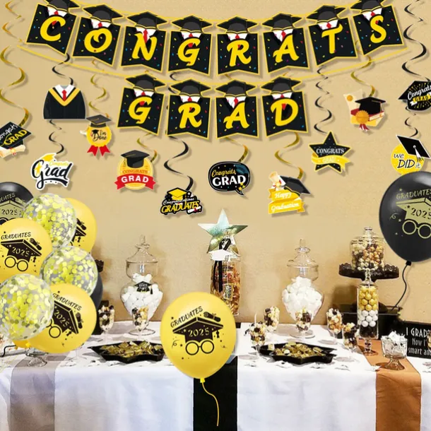 2025 Graduation Party Decorations, Graduate Themed Banner, Spiral Hanging Decorations, Balloon Set for Graduation Ceremony Celebration
