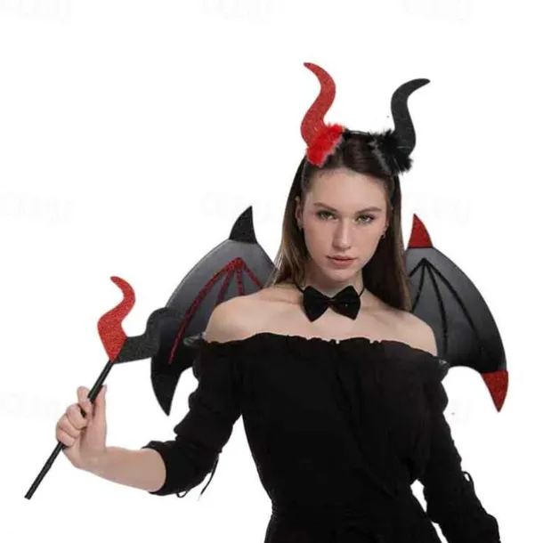 3 Halloween Devil Wings Trident Headwear Set Role Playing Costume Devil Ghost Soul Black Adult Feather Wings and Decorations Halloween Party COS Dress up Makeup Ball Performance Props Devil Wings Set
