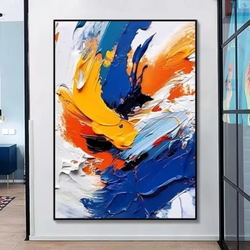 100% handmade White Blue Yellow Textured Painting Oversized handmade Abstract Geometric Textured oil painting Wall Art Large Minimalist Textured Painting for Living Room Wall Decor Abstract Art