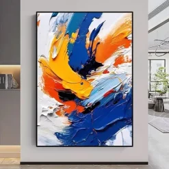 100% handmade White Blue Yellow Textured Painting Oversized handmade Abstract Geometric Textured oil painting Wall Art Large Minimalist Textured Painting for Living Room Wall Decor Abstract Art