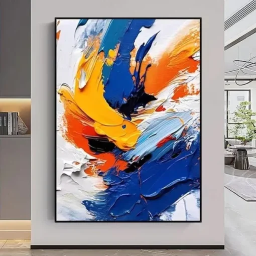 100% handmade White Blue Yellow Textured Painting Oversized handmade Abstract Geometric Textured oil painting Wall Art Large Minimalist Textured Painting for Living Room Wall Decor Abstract Art
