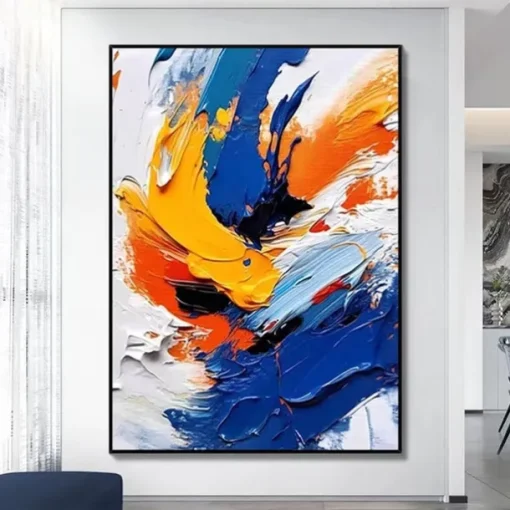 100% handmade White Blue Yellow Textured Painting Oversized handmade Abstract Geometric Textured oil painting Wall Art Large Minimalist Textured Painting for Living Room Wall Decor Abstract Art
