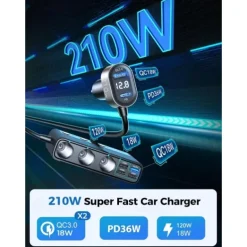 9 in 1 Cigarette Lighter Splitter, 210W Cigarette Lighter Adapter with PD/QC 3.0 * 2 Charge(3.3FT Cable), 12V/24V Independent Switches DC Cigarette Outlet Car Charger for All Car Devices
