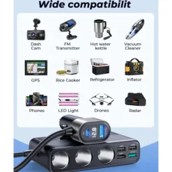 9 in 1 Cigarette Lighter Splitter, 210W Cigarette Lighter Adapter with PD/QC 3.0 * 2 Charge(3.3FT Cable), 12V/24V Independent Switches DC Cigarette Outlet Car Charger for All Car Devices
