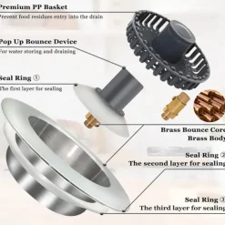 3 in 1 Kitchen Sink Stopper, Pop Up Kitchen Sink Drain Strainer, with An Extra Basket Strainer, Kitchen Sink Drain Stopper for US Standard 3-1/2 Inch, Brass Material Electroplate Silver