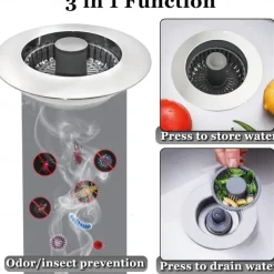 3 in 1 Kitchen Sink Stopper, Pop Up Kitchen Sink Drain Strainer, with An Extra Basket Strainer, Kitchen Sink Drain Stopper for US Standard 3-1/2 Inch, Brass Material Electroplate Silver