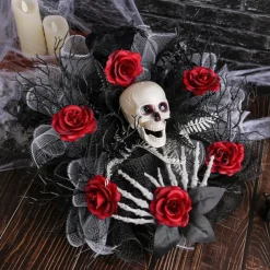 15 Inch Halloween Wreath, Red Rose Skull Mesh Wreath for Indoor Wall and Front Door, Wall & Door Hanging Decoration, Home Party Decor