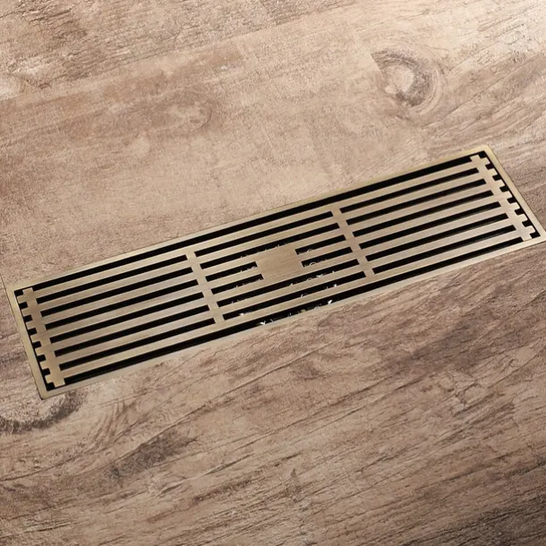 12 Inch Rectangular Linear Shower Drain Bath Floor with Brick Pattern Grate, Brushed Brass Bathroom Floor Drain, Shower Floor Drain Includes Hair Strainer