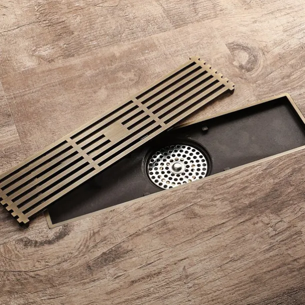 12 Inch Rectangular Linear Shower Drain Bath Floor with Brick Pattern Grate, Brushed Brass Bathroom Floor Drain, Shower Floor Drain Includes Hair Strainer