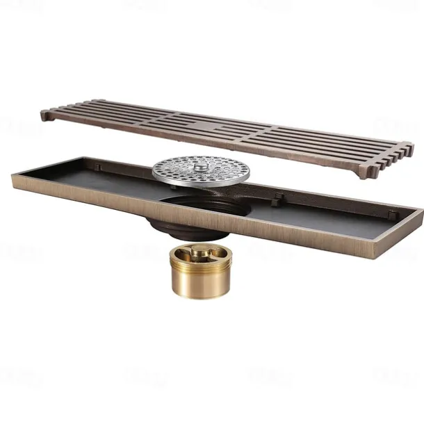 12 Inch Rectangular Linear Shower Drain Bath Floor with Brick Pattern Grate, Brushed Brass Bathroom Floor Drain, Shower Floor Drain Includes Hair Strainer
