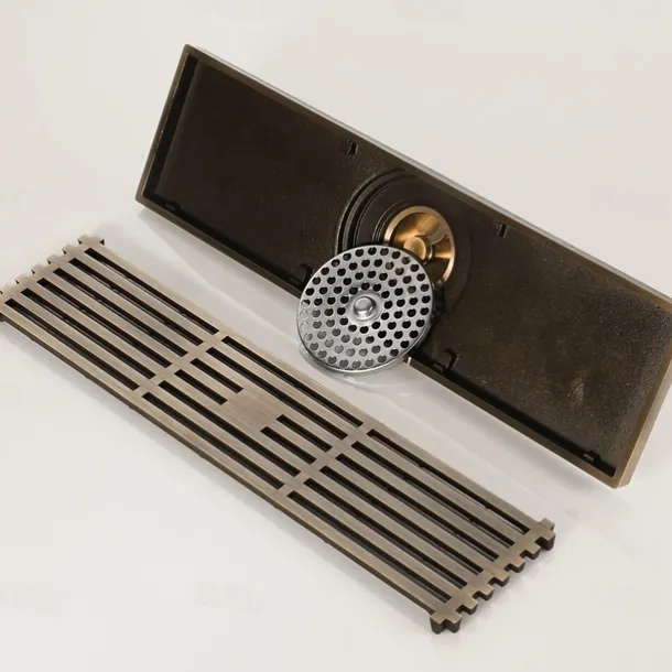 12 Inch Rectangular Linear Shower Drain Bath Floor with Brick Pattern Grate, Brushed Brass Bathroom Floor Drain, Shower Floor Drain Includes Hair Strainer