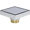 4 inch Shower Floor Drain Square, Removable Brass Flange Reversible 2-in-1 Cover Tile Insert Grate, Hair Catcher Strainer Black Chrome Golden