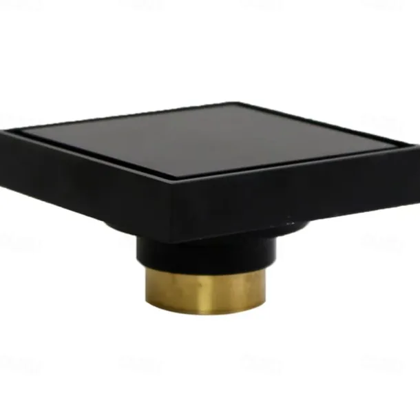 4 inch Shower Floor Drain Square, Removable Brass Flange Reversible 2-in-1 Cover Tile Insert Grate, Hair Catcher Strainer Black Chrome Golden