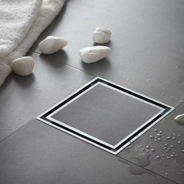 4 inch Shower Floor Drain Square, Removable Brass Flange Reversible 2-in-1 Cover Tile Insert Grate, Hair Catcher Strainer Black Chrome Golden