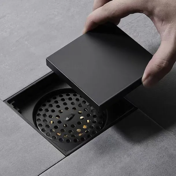 4 inch Shower Floor Drain Square, Removable Brass Flange Reversible 2-in-1 Cover Tile Insert Grate, Hair Catcher Strainer Black Chrome Golden