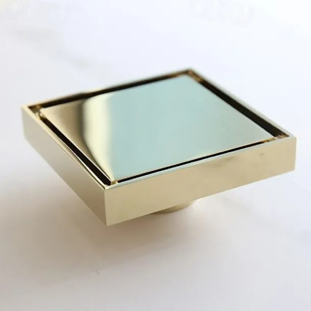 4 inch Shower Floor Drain Square, Removable Brass Flange Reversible 2-in-1 Cover Tile Insert Grate, Hair Catcher Strainer Black Chrome Golden