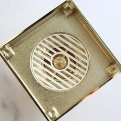 4 inch Shower Floor Drain Square, Removable Brass Flange Reversible 2-in-1 Cover Tile Insert Grate, Hair Catcher Strainer Black Chrome Golden