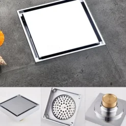 4 inch Shower Floor Drain Square, Removable Brass Flange Reversible 2-in-1 Cover Tile Insert Grate, Hair Catcher Strainer Black Chrome Golden