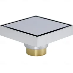4 inch Square Shower Floor Drain, Removable Brass Flange Reversible Double Cover Tile Insert Grate, Hair Catcher Strainer Black Chrome Golden