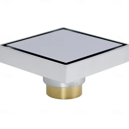 4 inch Square Shower Floor Drain, Removable Brass Flange Reversible Double Cover Tile Insert Grate, Hair Catcher Strainer Black Chrome Golden
